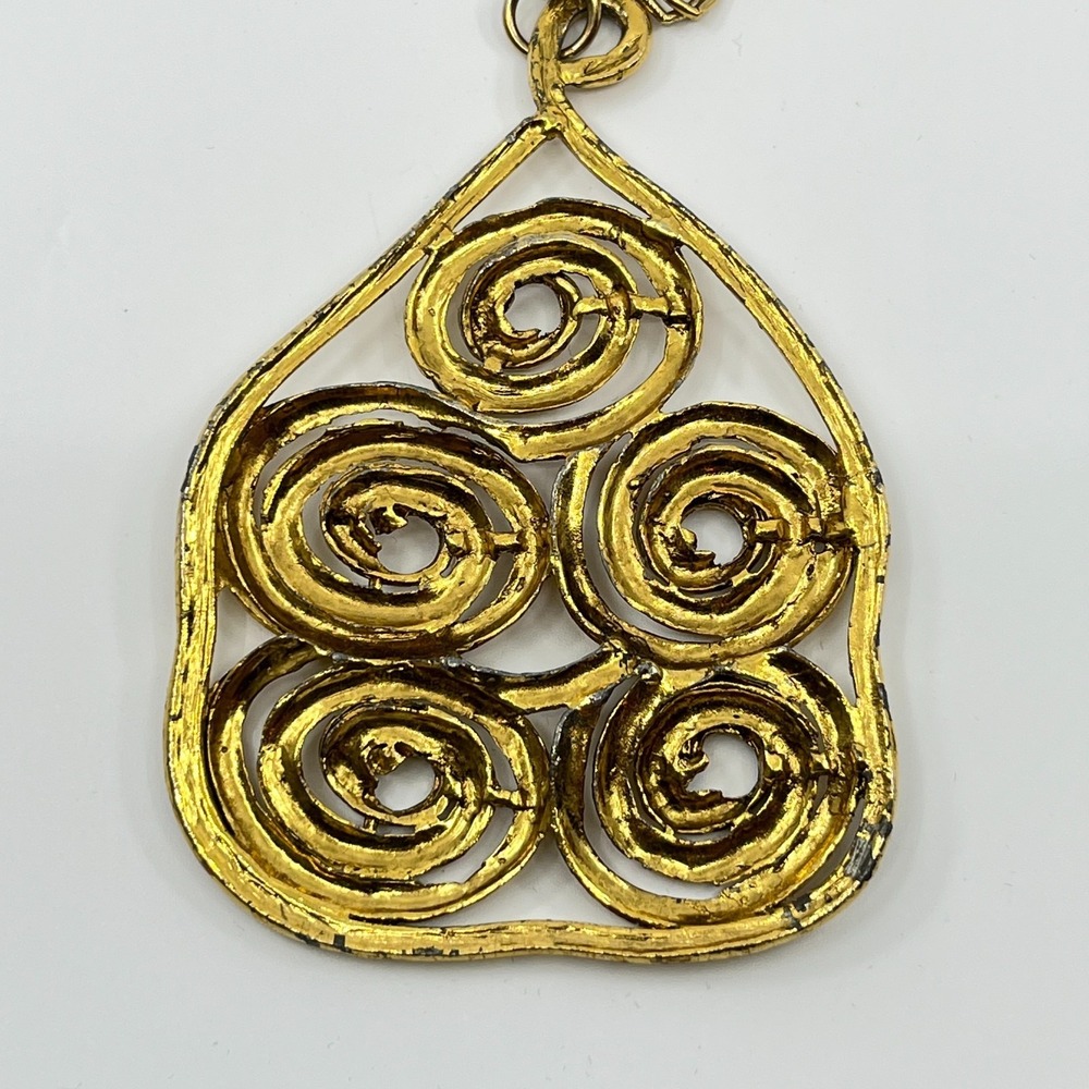 Vintage Gold Tone Wire Swirl Bell Pendant Double Link Chain Necklace Runway Boho - Picture 8 of 10